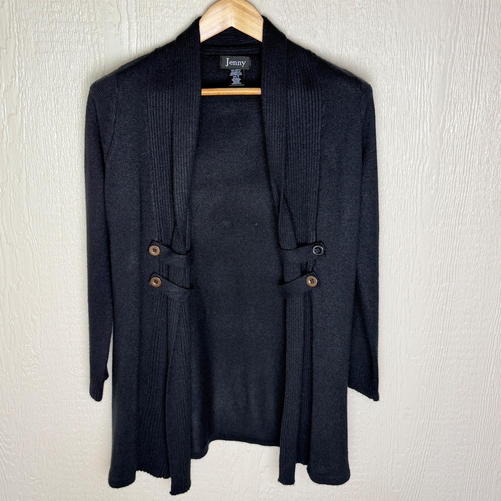Jenny Women Black Open Front Longline Cardigan Sweater Button Detail Small
